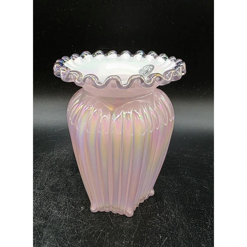 Vintage Fenton Art Glass 95th Anniversary Crimped Pink Cased Vase 5